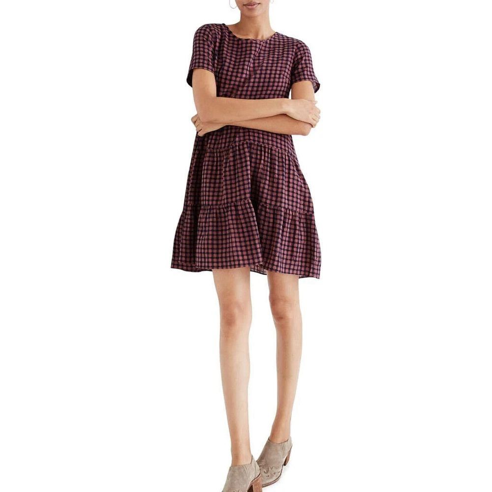 Madewell Short-Sleeve Tiered Mini Dress Pink Blue Gingham‎ Check S NEW